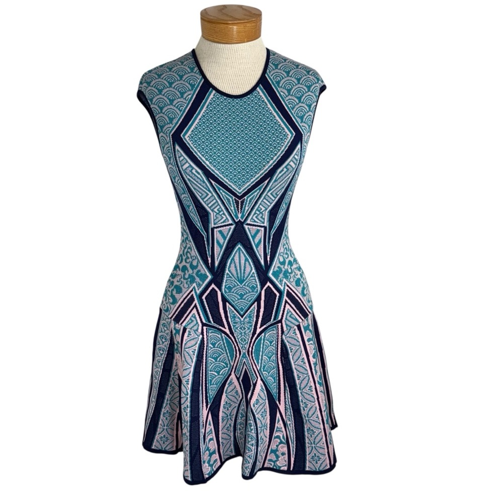 RVN NYC Mini Dress Blue and Pink Geometric Sleeveless Sweater A-Line Small